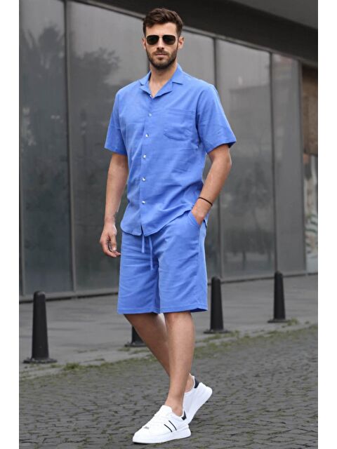 Madmext Erkek Mavi Basic Oversize Gömlek %100 Pamuk Takımı 5588 - S000031405-17234