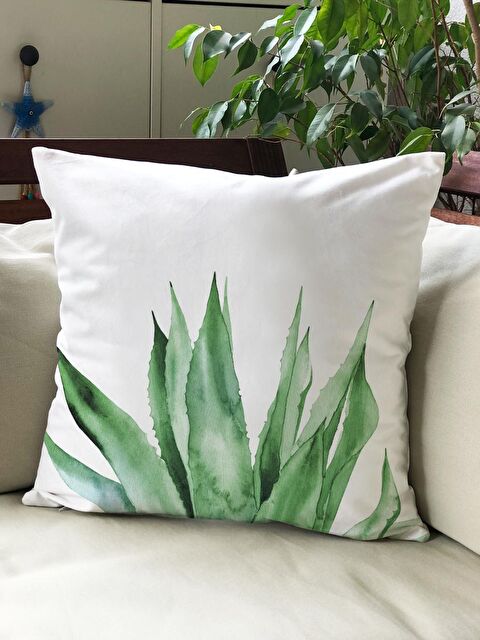 Evmila Kadife Doku Çift Taraf Baskılı Yeşil Yaprak Desen 43x43 cm Tekli Kırlent Kılıfı - S000022102-23173