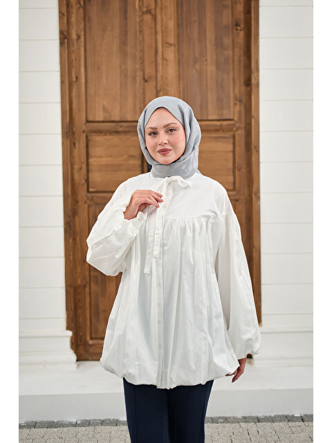 Locco Moda Kadın Etek Ucu Büzgülü Gömlek Beyaz
