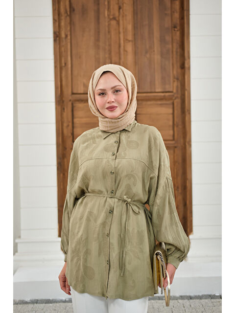 Locco Moda Kadın Yaprak Desen Bel Bağlamalı Gömlek Yeşil
