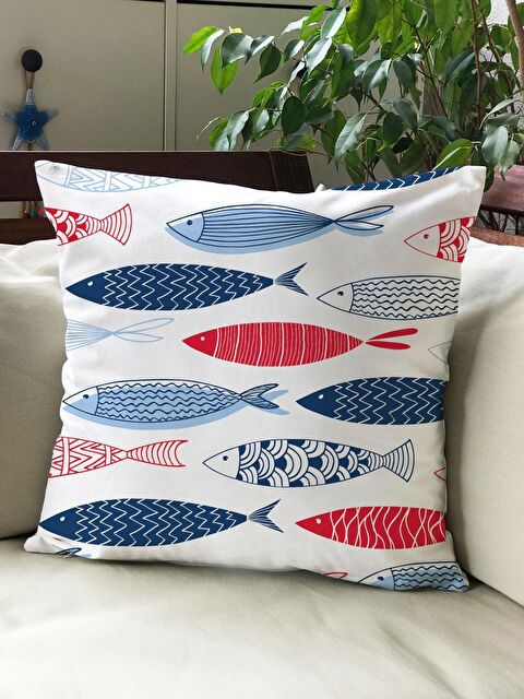 Evmila Kadife Doku Çift Taraf Baskılı Balık Desen 43x43 cm Tekli Kırlent Kılıfı - S000022106-23173