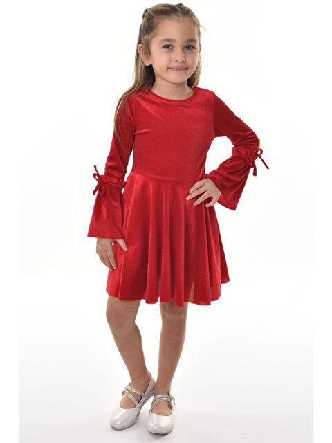 Riccotarz Kız Çocuk İspanyol Kollu İp Bağlamalı Simli Kırmızı Kadife Elbise 3-12Yaş - S000059638-20045