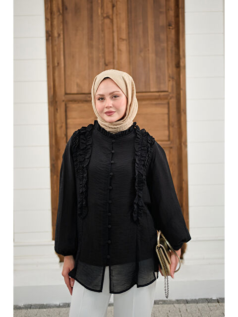 Locco Moda Kadın Yaka Büzgülü Gömlek Siyah