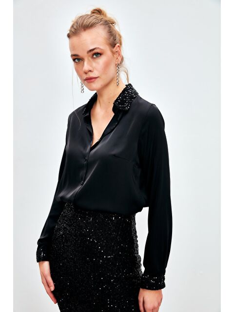 SATEEN Payet Detaylı Saten Gömlek - Siyah - S000323685-19351