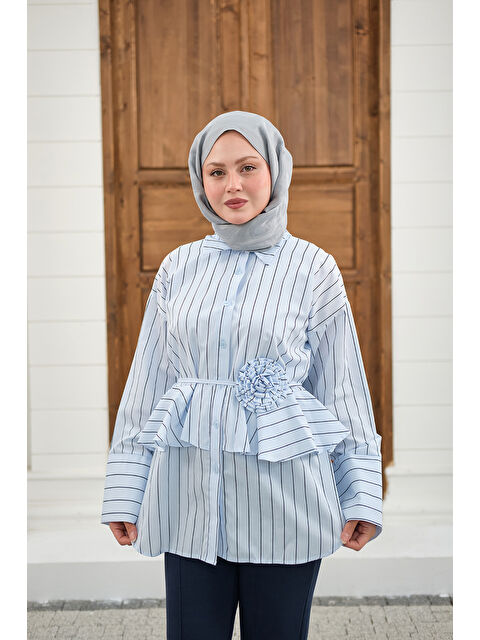 Locco Moda Kadın Büzgülü Bel Bağlamalı Çizgili Gömlek Bebe Mavi