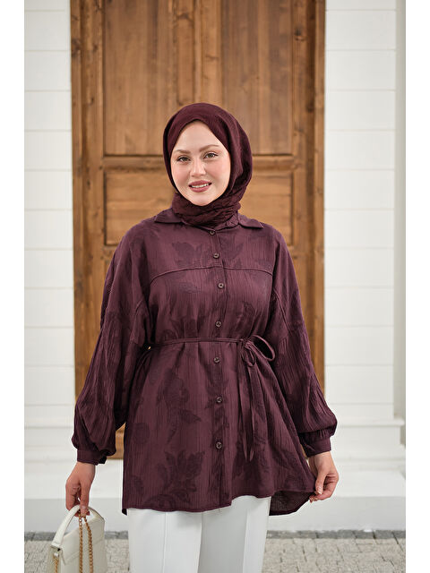 Locco Moda Kadın Yaprak Desen Bel Bağlamalı Gömlek Bordo
