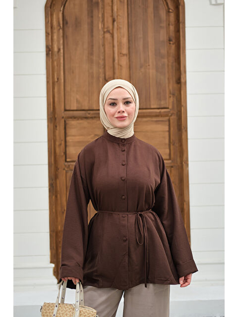 Locco Moda Kadın Duble Kol Yırtmaçlı Gömlek Kahverengi