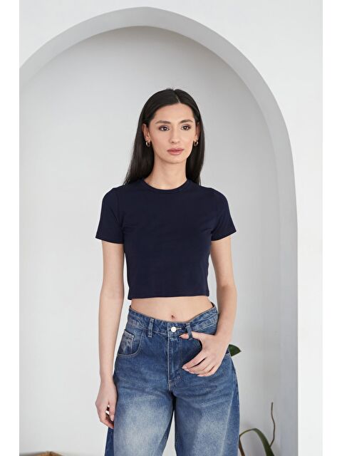 Fullamoda Basic Bisiklet Yaka Crop Tişört - S000341859-21164