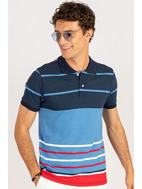 TUDORS Slim Fit Çizgili Polo Yaka Pike Tişört