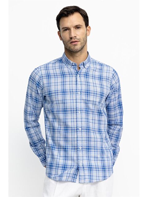 TUDORS Erkek Regular Fit Klasik Kesim %100 Pamuk Keten Doku Ekoseli Düğmeli Yaka Sax Mavi Gömlek