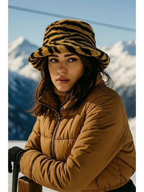 Luminos Butik Kadın Camel Zebra Desenli Pelüş Bucket Şapka Spk1112 - S000250403-4557