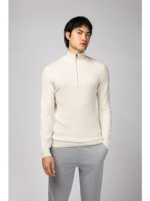 Kiğılı Bato Yaka Regular Fit Fermuarlı Desenli Pamuklu Triko Büyük Beden Kazak - S000405089-19927