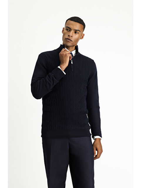 Kiğılı Bato Yaka Regular Fit Fermuarlı Desenli Pamuklu Triko Büyük Beden Kazak - S000405089-29672