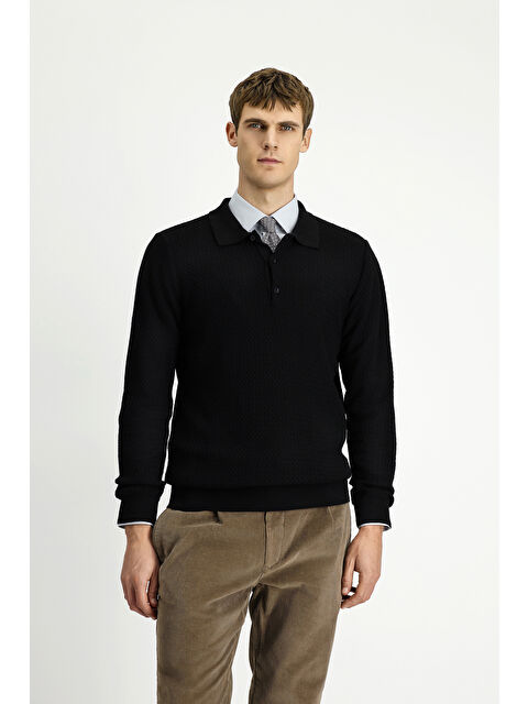 Kiğılı Polo Yaka Regular Fit Desenli Pamuklu Triko Kazak