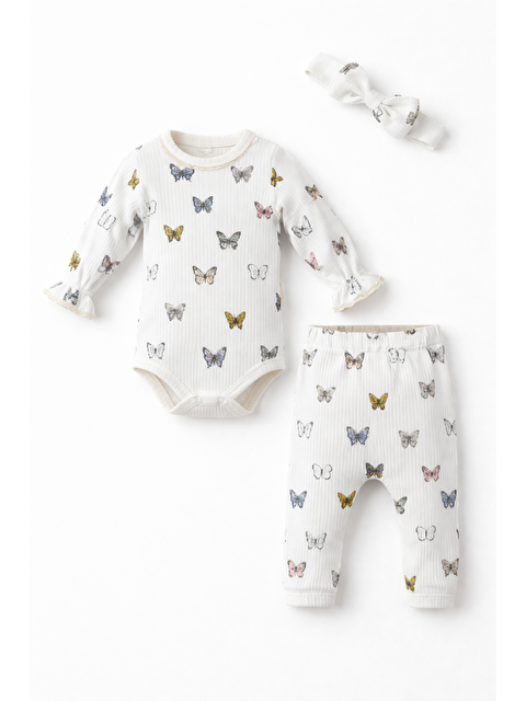 Verona Tarz Kız Bebek Kelebek Desenli Dantelli Balon Kollu Çıtçıtlı 3lü Takım Set Saç Bantlı