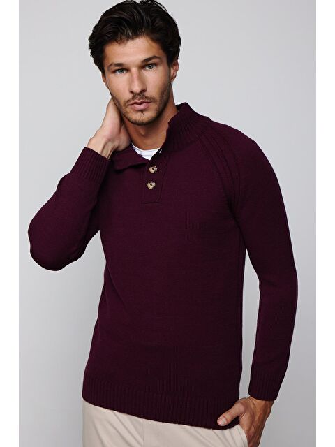 TUDORS Erkek Slim Fit Dar Kesim Dik Yaka Düğmeli Bordo Triko Triko Kazak