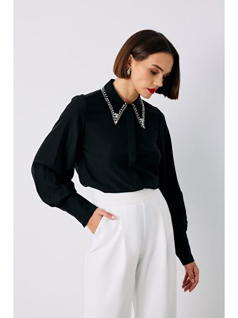 SATEEN Yaka İşlemeli Gömlek - Siyah