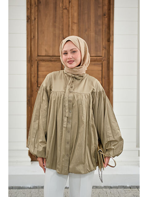 Locco Moda Kadın Etek Ucu Büzgülü Gömlek Küf Yeşil