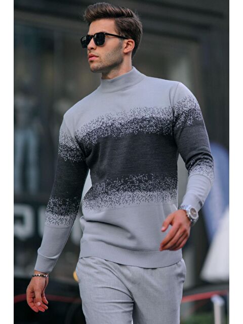 Madmext Gri Balıkçı Yaka Desenli Kazak 6845 - S000060025-20600