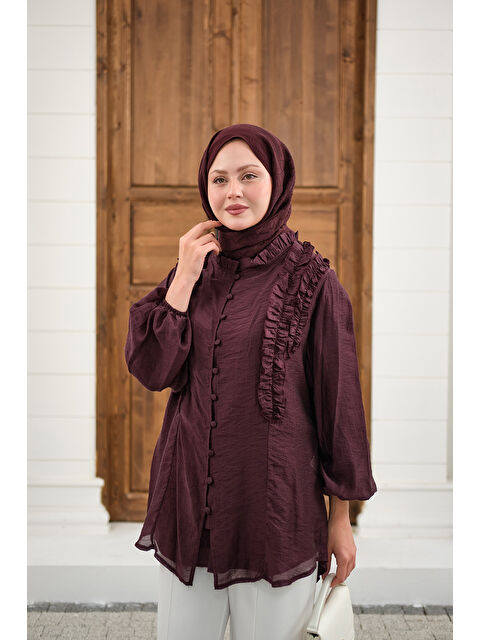 Locco Moda Kadın Yaka Büzgülü Gömlek Bordo