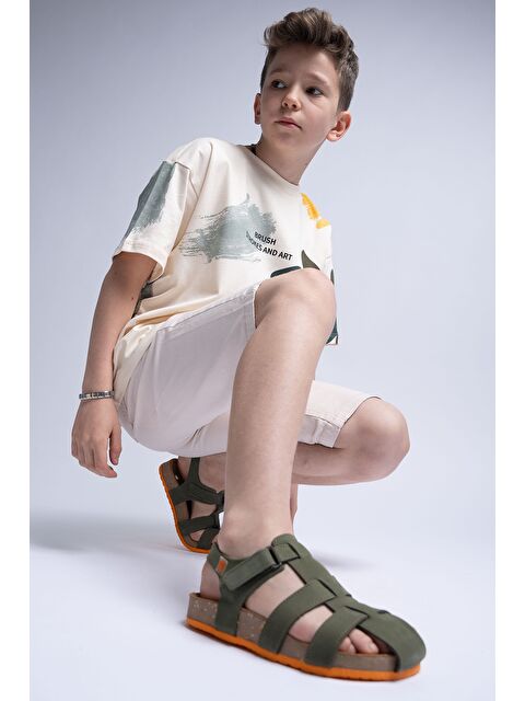 Mnpc Unisex Çocuk Haki Hakiki Deri Mantar Tabanlı Günlük Çocuk Sandalet - S000366115-18547