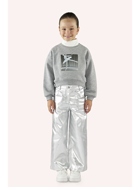 Panço Kız Çocuk Baskı Detaylı Gri-Melanj Sweatshirt - S000333774-74
