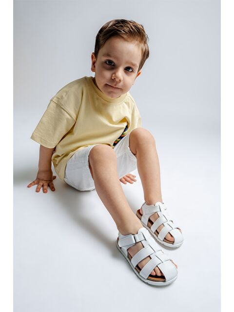 Mnpc Unisex Çocuk Beyaz Hakiki Deri Mantar Tabanlı Günlük Çocuk Sandalet - S000366123-20063