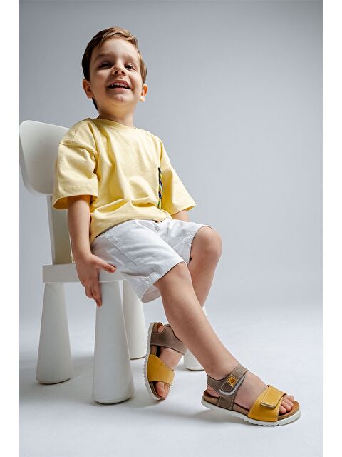 Mnpc Unisex Çocuk Gri-Sarı Hakiki Deri Mantar Tabanlı Günlük Çocuk Sandalet - S000366122-37286