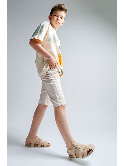 Mnpc Unisex Çocuk Açık Sarı Hakiki Deri Mantar Tabanlı Günlük Çocuk Sandalet - S000366115-20072