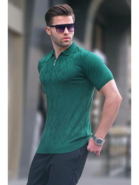 Madmext Desenli Triko Yeşil Polo Yaka Tişört 6357 - S000015938-18194