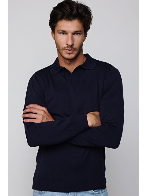 TUDORS Erkek Standart Fit Normal Kesim Standart Fit Normal Kesim Polo V Yaka Lacivert Triko Kazak - S000105956-21164