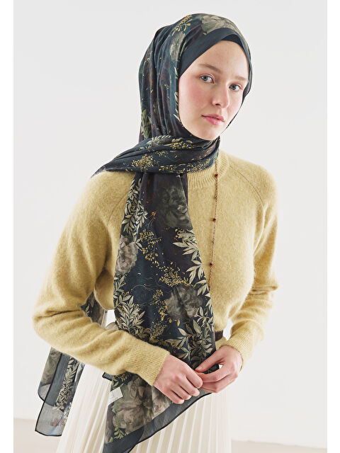 Fresh Scarfs Petrol Soft Hıbıscus Desenli Pamuk Viskon Şal