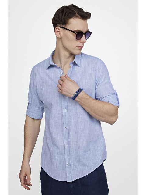 TUDORS Slim Fit Uzun Kol Apoletli Keten Düz Erkek Mavi Gömlek