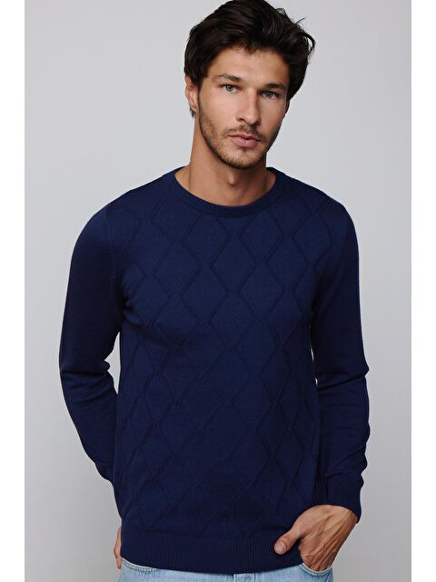 TUDORS Slim Fit Bisiklet Yaka Desenli Lacivert Erkek Triko Kazak