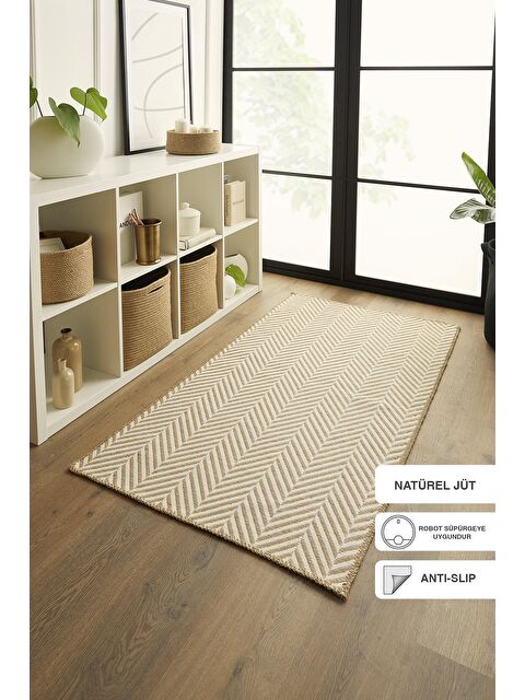 Ocean Home Textile Ekru Renk Balıksırtı Jüt Halı Kilim 80 x 150 cm - S000161036-19965