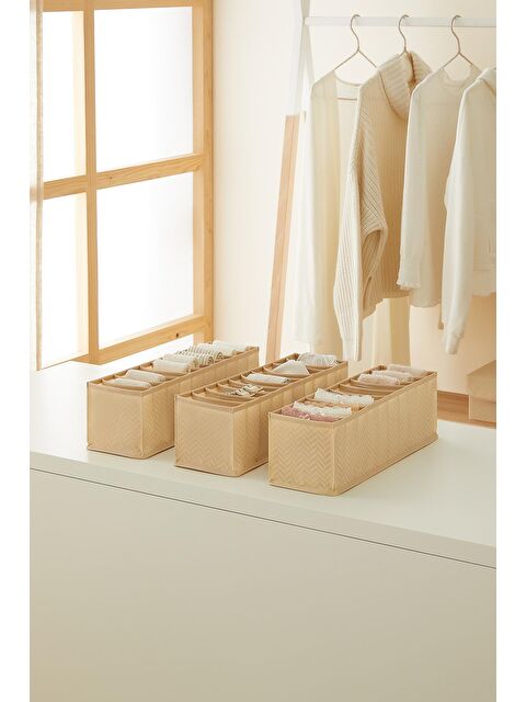 Ocean Home Textile 3'lü 10 Bölmeli Bej Balıksırtı Çekmece Düzenleyici Set - S000107466-19928
