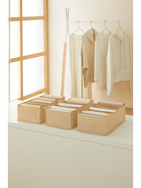Ocean Home Textile 3'lü 7 Bölmeli Bej Balıksırtı Çekmece Düzenleyici Set - S000109786-19928