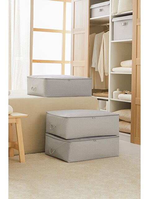 Ocean Home Textile 3'lü Büyük Boy Gri Balıksırtı Baza Altı Hurç Set 62 x 46 x 22 cm - S000091560-20600