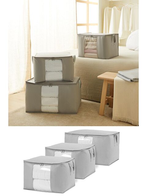 Ocean Home Textile 3'lü Pvc Pencereli Gri Renk Kapitone Hurç Set - S000091463-20600