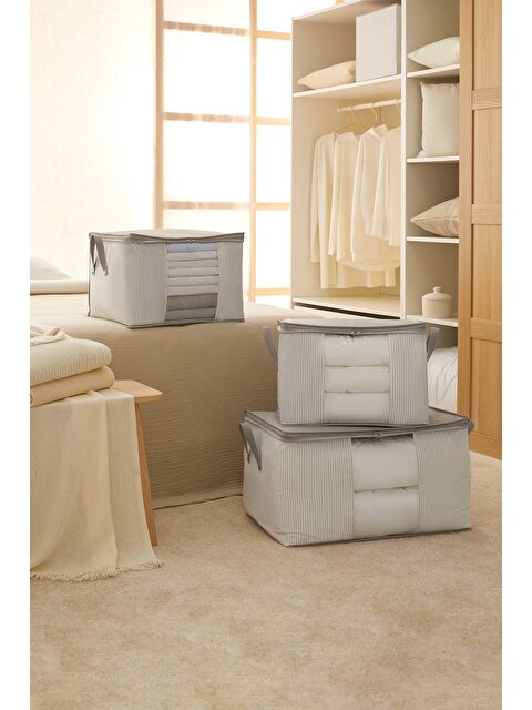 Ocean Home Textile 3'lü Pvc Pencereli Stuff & Things Gri Çizgili Hurç Set - S000091467-20600