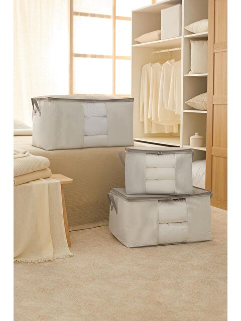 Ocean Home Textile 3'lü Pvc Pencereli Stuff & Things Gri Çizgili Hurç Set - S000091465-20600