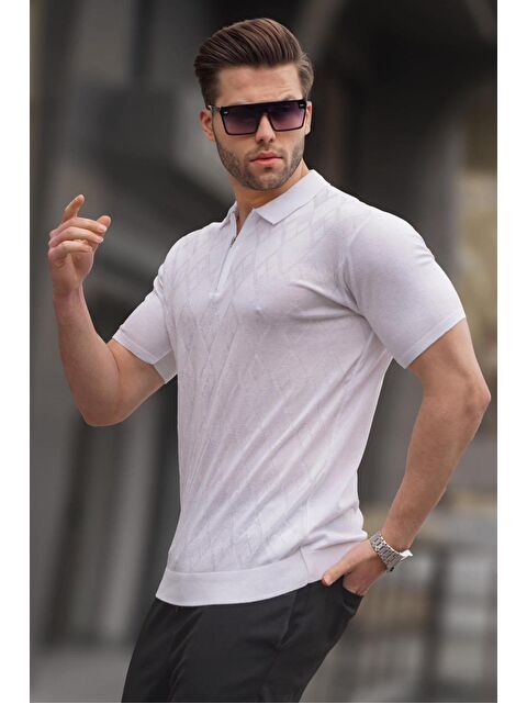 Madmext Desenli Triko Beyaz Polo Yaka Tişört 6357 - S000015938-20063