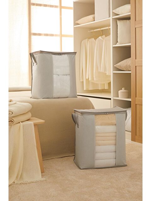 Ocean Home Textile 2'li Pvc Pencereli Stuff & Things Gri Çizgili Hurç Set - S000091977-20600