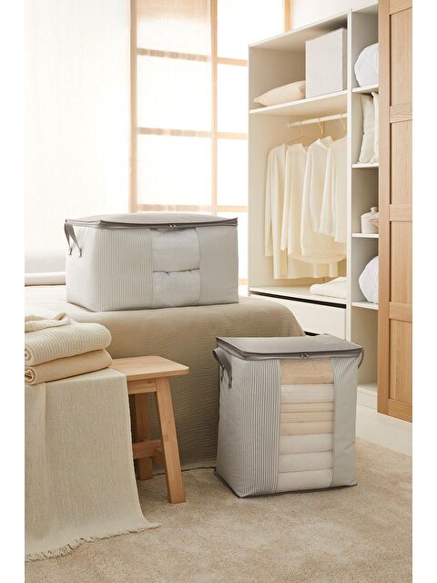 Ocean Home Textile 2'li Pvc Pencereli Stuff & Things Gri Çizgili Hurç Set - S000091964-20600