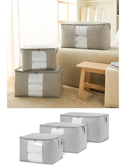 Ocean Home Textile 3'lü Pvc Pencereli Gri Renk Kapitone Hurç Set - S000091957-20600