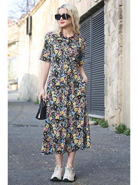 Madmext Siyah Çiçek Desenli Gömlek Yaka Midi Elbise Mg1821 - S000030067-19351