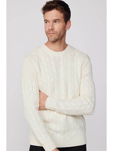 TUDORS Slim Fit Bisiklet Yaka Desenli Ekru Erkek Triko Kazak - S000105970-19965