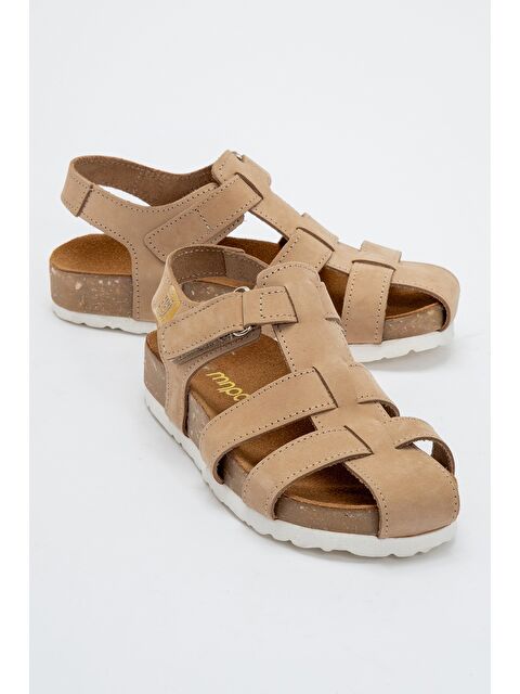 Mnpc Unisex Çocuk Bej Hakiki Deri Mantar Tabanlı Günlük Çocuk Sandalet - S000366115-19928
