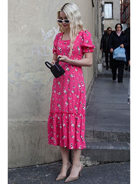 Madmext Pembe Çiçek Desenli Balon Kol Midi Elbise Mg1820 - S000030069-20024