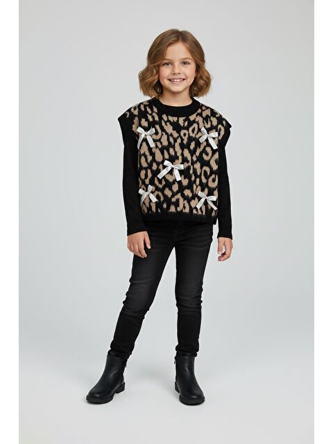Fullamoda Leopar Desenli Fiyonklu Kız Çocuk Triko Süveter